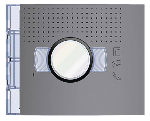 Eine graue Gegensprechanlage mit großem zentralen Lautsprecher, Lautstärkeregler und Symbolen für Anruf- und Kommunikationsfunktionen.