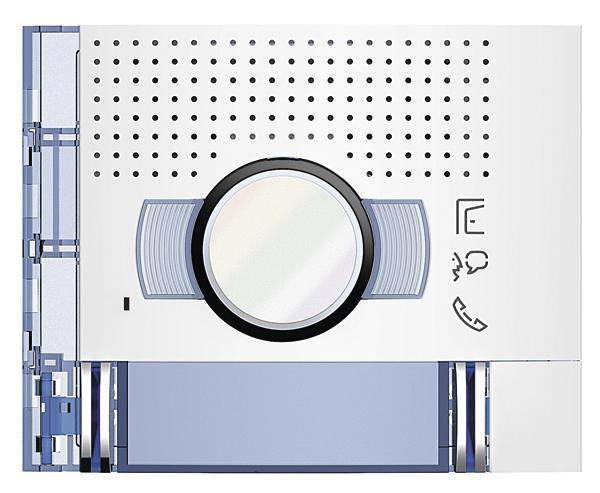 Ein weißer Lautsprecher mit großen runden Lautstärkeregler in der Mitte, kleinen Symbolen rechts daneben und einem grauen Rand.