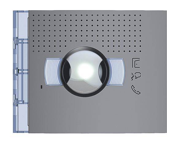 Türkommunikationsmodul aus Stahl mit Kamera, Lautsprecher, Mikrofon und Klingel auf grauer Oberfläche.