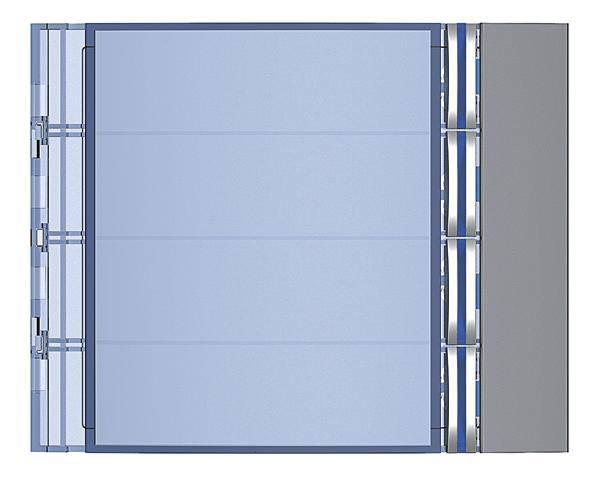 Illustration eines Rollladens von oben, zeigt Lamellenstruktur und seitliche Führungsschienen.
