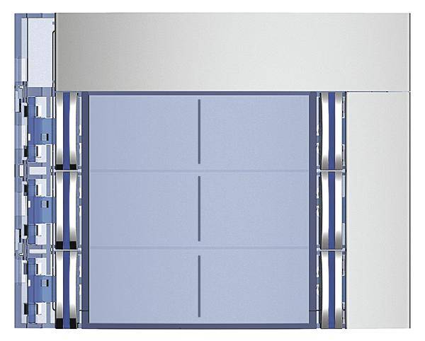 Blaues, modernes Garagentor mit vertikalen Segmenten und schmalem, silbernem Rahmen, seitlich von mechanischen Komponenten flankiert.