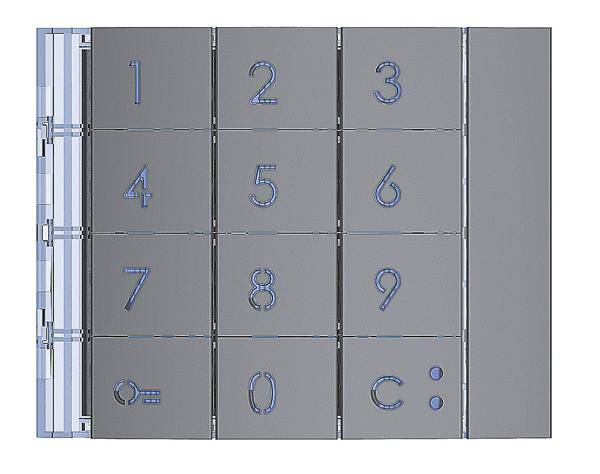 Elektronisches Tastenfeld mit Zahlen 1 bis 9, 0 sowie Schlüssel- und Glockensymbolen. Tasten durch blaue Linien hervorgehoben.