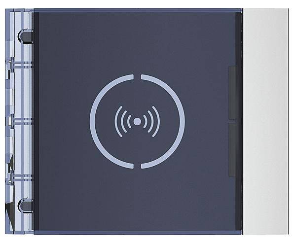 Ein blaues Gerät mit einem kreisförmigen Symbol in der Mitte, das Funkwellen darstellt, wahrscheinlich ein drahtloser Ladeanschluss.