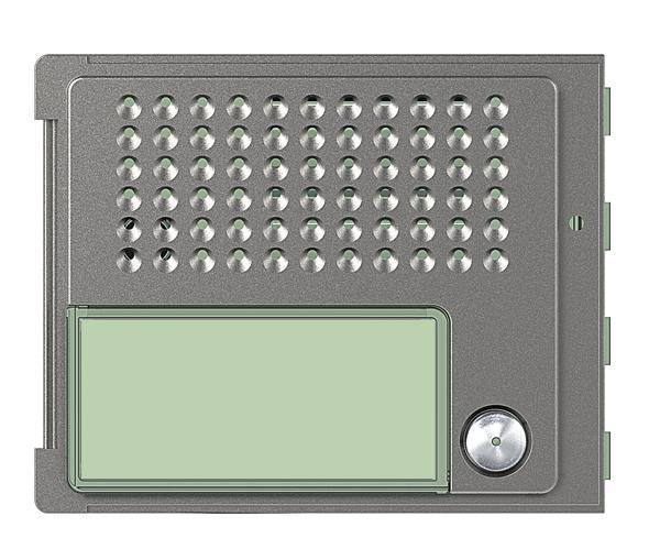 Ein Intercom-System mit Lautsprecher, grünem Namensschildbereich und gedrücktem Knopf, geeignet zur Wandmontage.