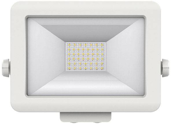 Ein weißer LED-Fluter in rechteckiger Form mit mehreren Leuchtdioden im Inneren, geeignet für Außenbeleuchtung.