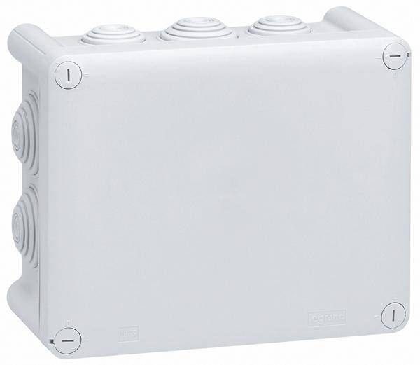 Weiße elektrische Abzweigdose mit vier Verschlusskappen an den Ecken und drei Einführungsöffnungen oben, geeignet für Innenbereiche.