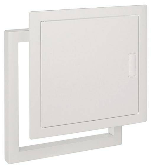 Quadratische Wartungsklappe, weiß, mit Griff an der rechten Seite.
