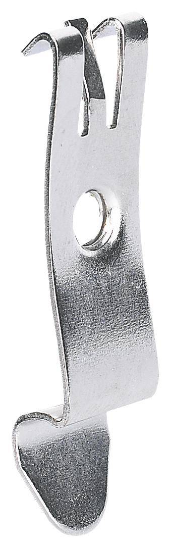 Metallhaken mit rundem Loch in der Mitte, geeignet zur Befestigung an einer Oberfläche.