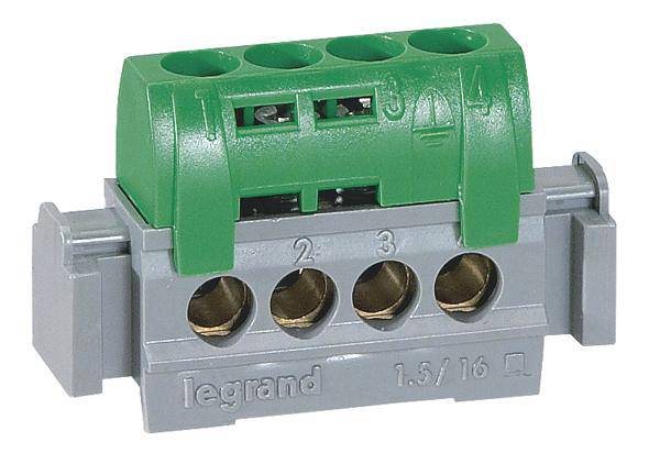Graue und grüne elektrische Klemme mit Beschriftungen 'Legrand' und Zahlen 1-4. Verwendet zur sicheren Verbindung von Drähten.