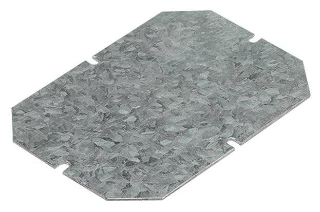 Eine rechteckige, flache Metallplatte mit abgeschrägten Ecken, grauer Oberfläche und einer gleichmäßigen Struktur.