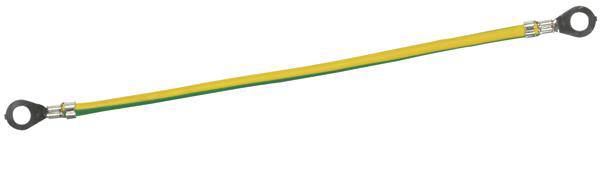 Ein gelb-grünes Erdungskabel mit Ösen an beiden Enden, zur Ableitung von elektrischem Strom an metallischen Gehäusen oder Teilen.