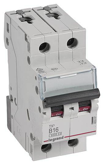 Ein zweipoliger Leistungsschalter, Modell 'TX3 B16', von Legrand. Er dient zum Schutz elektrischer Schaltkreise vor Überlastung.