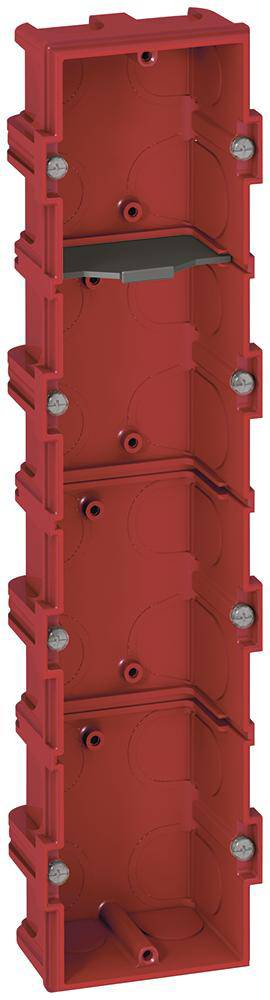 Rote, modulare Unterputzdose zur Wandmontage, rechteckig, mit mehreren Kammern für elektrische Verkabelung, vertikal gestapelt.