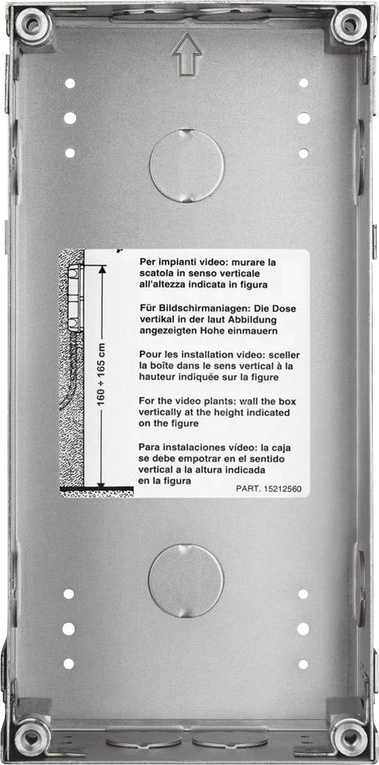 Abbildung eines Metallgehäuses mit Anweisungen zur vertikalen Installation einer Dose auf Italienisch, Deutsch, Französisch, Englisch, Spanisch.