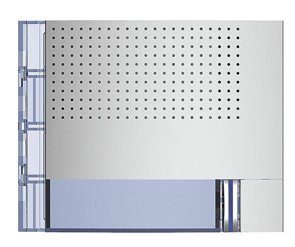 Metallgehäuse mit Lüftungslöchern, seitliche Abdeckung aus transparentem Kunststoff, darunter blaue Elemente sichtbar.