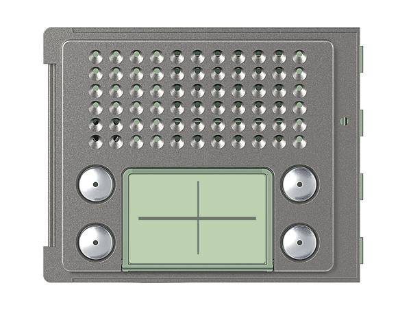 Metallisches Lüftungsgitter mit Lochmuster, zentral platziertes grünes Display mit einem horizontalen und vertikalen Strich.