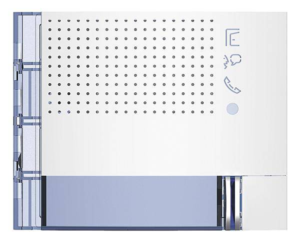 Eine weiße Gegensprechanlage mit blauen Akzenten, Lautsprechergitter und drei Symbole rechts: Haus, Telefonhörer und Klingel.