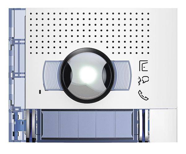 Projektor: Vorderansicht eines Projektors mit belüfteter Oberfläche und leuchtender Linse, Symbole für Bedienung sichtbar.