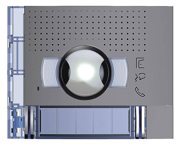 Türsprechanlage mit Kamera und Klingelknopf. Symbolische Icons für Sprechen, Hören und Klingelzeichen sind sichtbar.