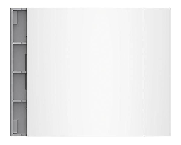 Rechteckiges weißes Objekt mit grauen Details auf der linken Seite, möglicherweise eine technische Komponente oder Gerät.