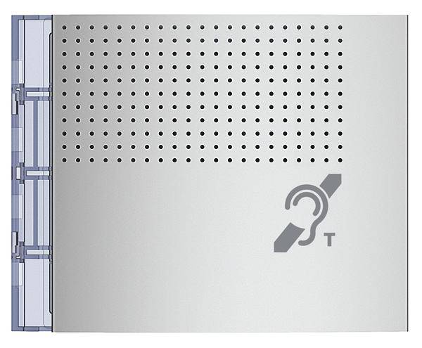 Graue Oberfläche mit vielen kleinen Löchern und einem Symbol eines Ohrs, das auf Hörunterstützung hinweist. Gehäuse mit blauer Seite links.