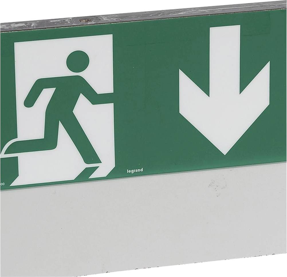 Notausgangsschild mit laufender Figur auf grünem Hintergrund und weißem Pfeil nach unten, der Fluchtrichtung anzeigt.