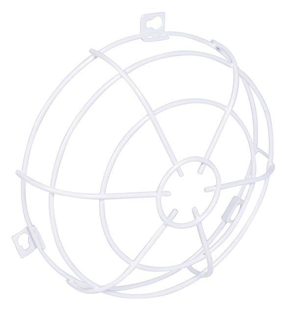 Ein weißer Drahtschutzgitter für Ventilatoren, mit kreisförmigen Mustern und Befestigungselementen an der Seite.
