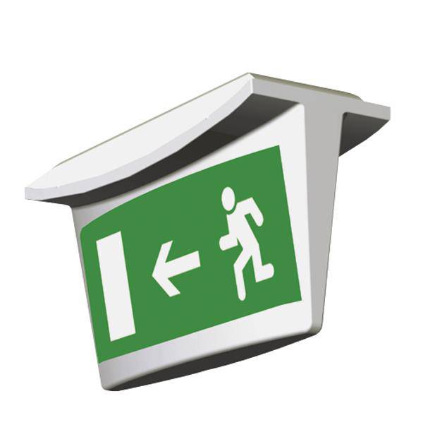 Notausgangsschild, das einen laufenden Menschen und einen Pfeil nach links zeigt. Es weist auf den Fluchtweg hin.