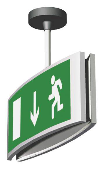 Grünes Fluchtschild mit Pfeil nach unten und Figur, die zur Tür läuft, zeigt Notausgang in dieser Richtung an.