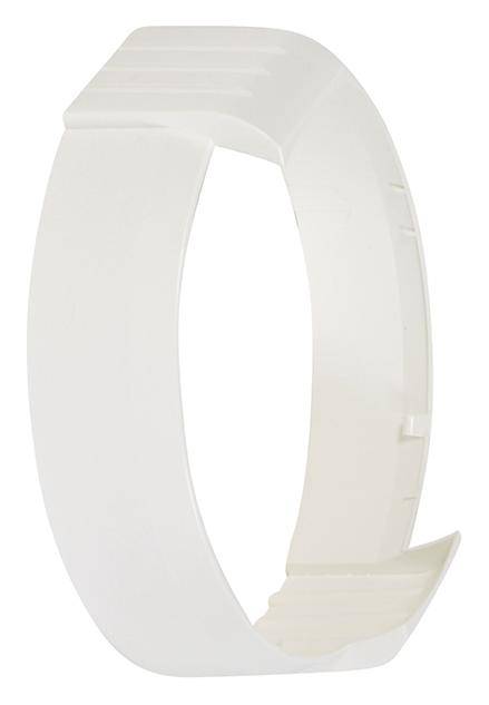 Ein weißer, gebogener, plastischer Schlauchadapter, der zur Verbindung von Rohren oder Belüftungssystemen verwendet wird.