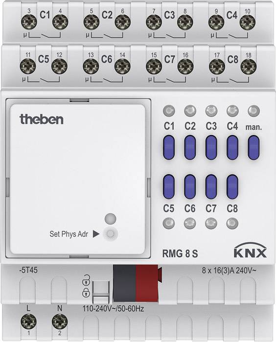 Ein KNX-Schaltaktor von Theben, Modell RMG 8 S, mit acht Kanälen (C1-C8) und blauen Schaltertasten zur manuellen Bedienung.