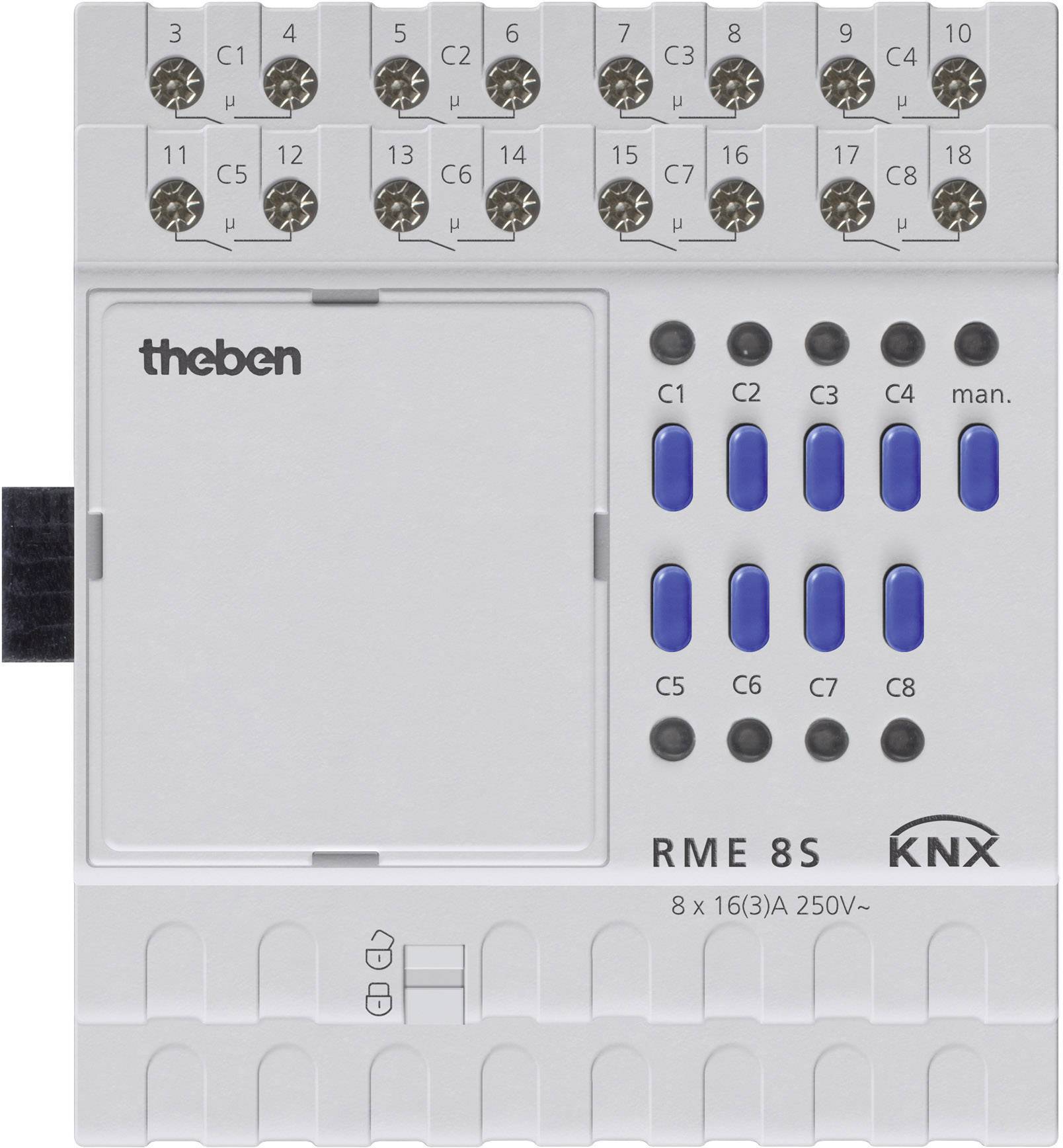 Steuereinheit RME 8S von Theben, Vorderansicht. Enthält Anschlüsse und Schalter C1-C8 für elektrische Steuerung, KNX-kompatibel.