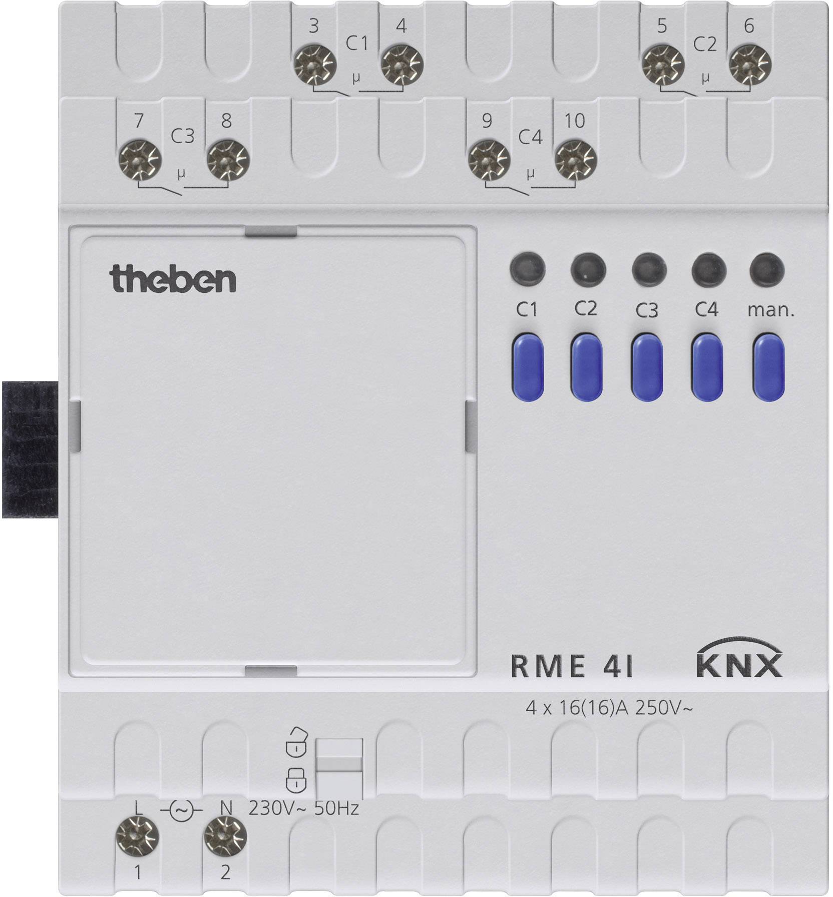 Ein KNX-Schaltaktor von Theben, Typ RME 4I, mit vier blauen Tasten C1 bis C4 und einem manuellen Schalter. Designed für 230V~ 50Hz.