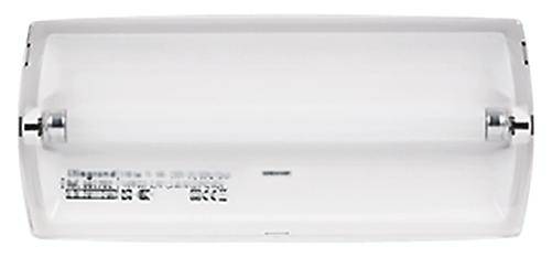 Weiße, längliche Wandleuchte mit sichtbarer Glühbirne, montiert auf einer weißen Halterung.