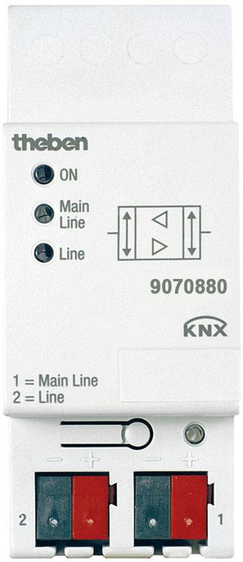 Schaltaktor mit drei Anzeigen: ON, Main Line, Line. Markenname 'theben'. KNX-Logo. Modellnummer 9070880. Oben Hauptanschlüsse.