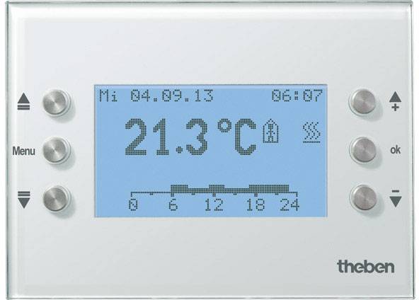 Ein digitales Thermostat zeigt '21.3 °C' an. Links sind Tasten für Menü und Navigation, rechts ok-Taste für Auswahl.