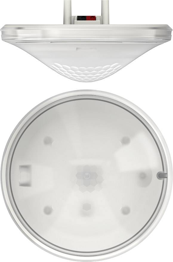 Deckenmontierter Sensor oben und untenansicht. Oben Lichtkuppel mit strukturiertem Design. Unten zeigt inneren Mechanismus.