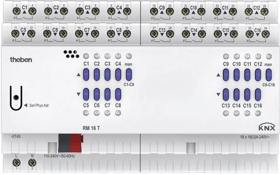 Elektrisches Schaltgerät mit 16 Kanälen, physikalischer Adressierung und manuellem Steuerungsschalter, geeignet für KNX-Systeme.