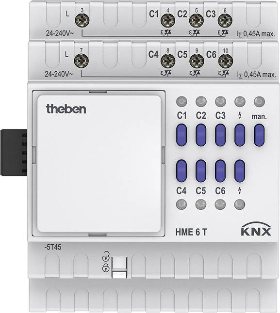 Ein KNX-Modul mit mehreren Anschlüssen und blauen Tasten, beschriftet mit 'C1' bis 'C6'. Oben rechts steht 'Iᶻ 0,45A max.'