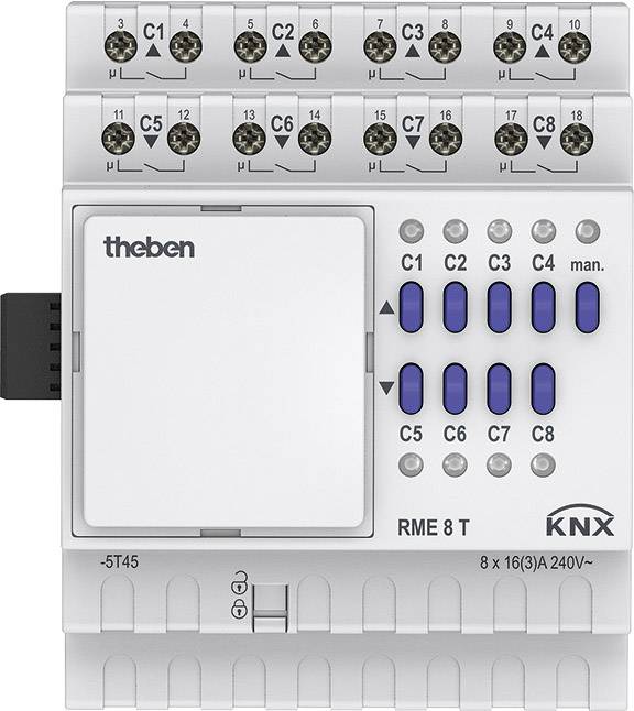 Ein KNX-Schaltaktor mit acht Kanälen zur Steuerung elektrischer Lasten. Markenname 'Theben', Produktbezeichnung 'RME 8 T'.