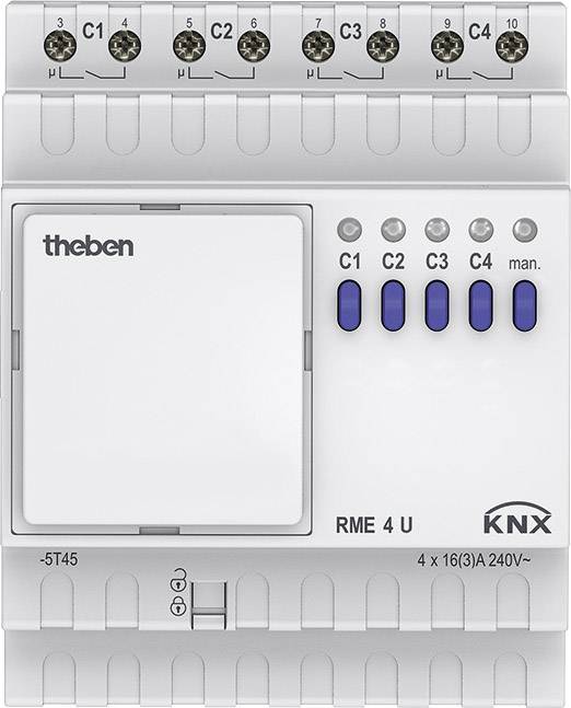 'KNX RME 4 U' Modul von Theben, mit Schaltern für C1 bis C4. Oben sind Schraubklemmen für elektrische Verbindungen.