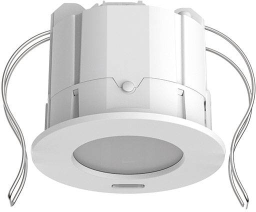 Ein weißer LED-Einbaustrahler mit runden Halterungen, geeignet für Deckenmontage in Innenräumen. Energiesparend und modern designt.