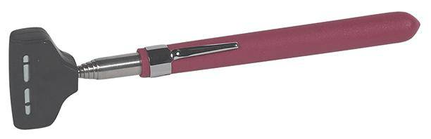 Ein neurologischer Reflexhammer mit rotem Griff und schwarzem Kopf, verwendet zur Überprüfung von Reflexreaktionen bei medizinischen Untersuchungen.