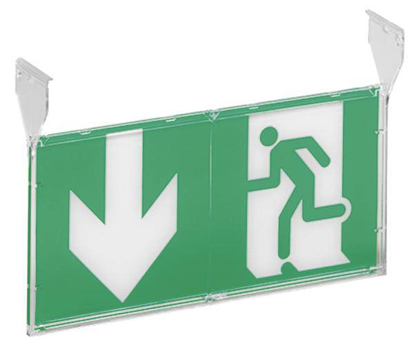 Schild mit einem Piktogramm für Notausgang: links ein Pfeil nach unten, rechts eine Figur, die durch eine Tür läuft, auf grünem Hintergrund.