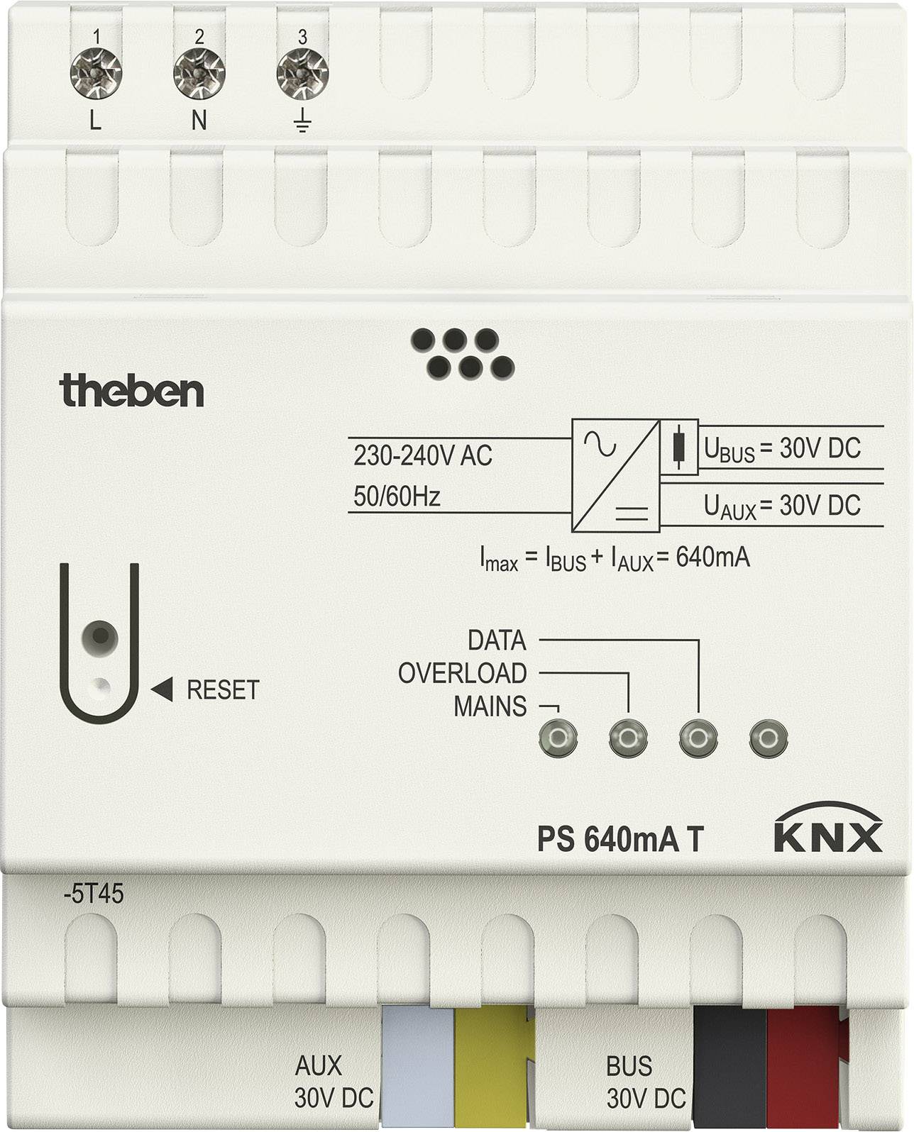 Das Bild zeigt ein KNX-Netzteil von Theben, Modell PS 640mA T, für 230-240V AC und 50/60Hz. Es hat einen Reset-Knopf und drei farbcodierte Ausgänge: AUX 30V DC, BUS 30V DC.