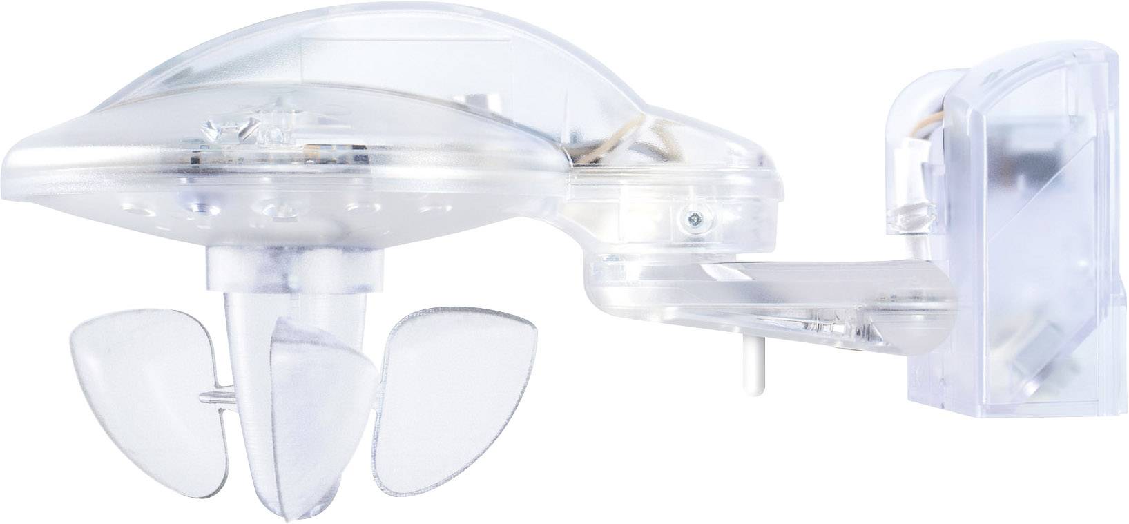 Ein durchsichtiger, kunststoffartiger Windmesser mit drei Flügeln und einer Halterung zur Montage an einer Wand.