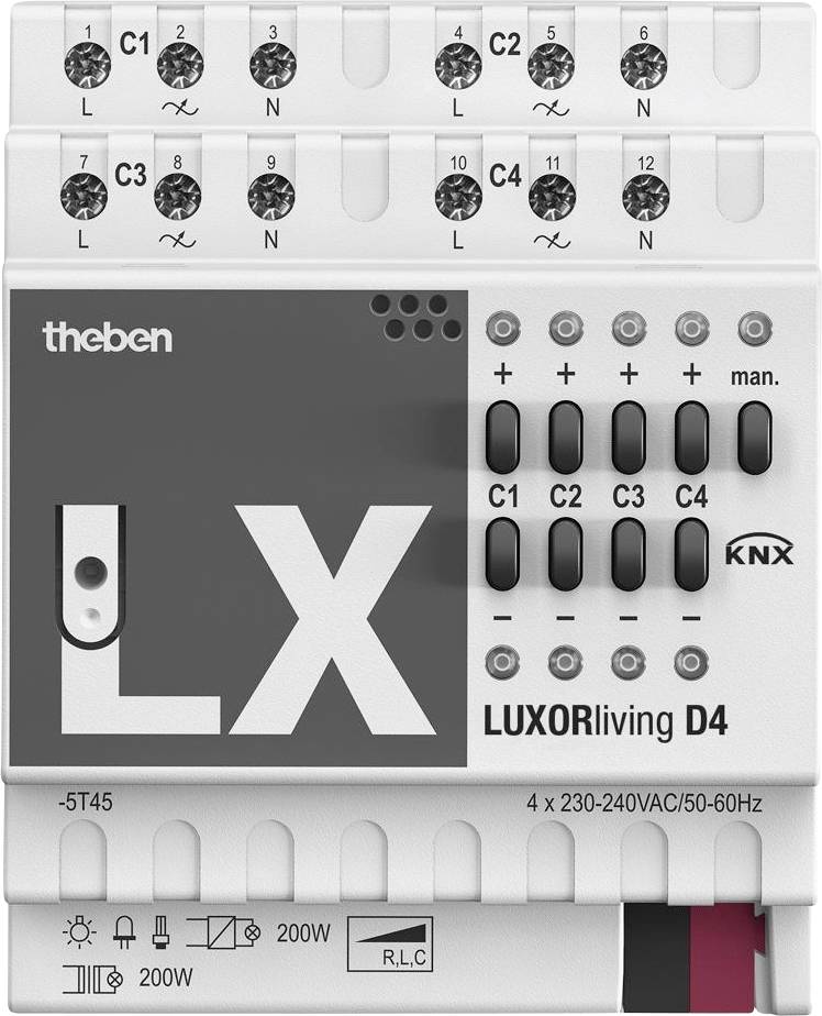 Die Abbildung zeigt ein 'LUXORliving D4'-Gerät von Theben mit mehreren Anschlüssen, Schaltern und einer KNX-Kennzeichnung.