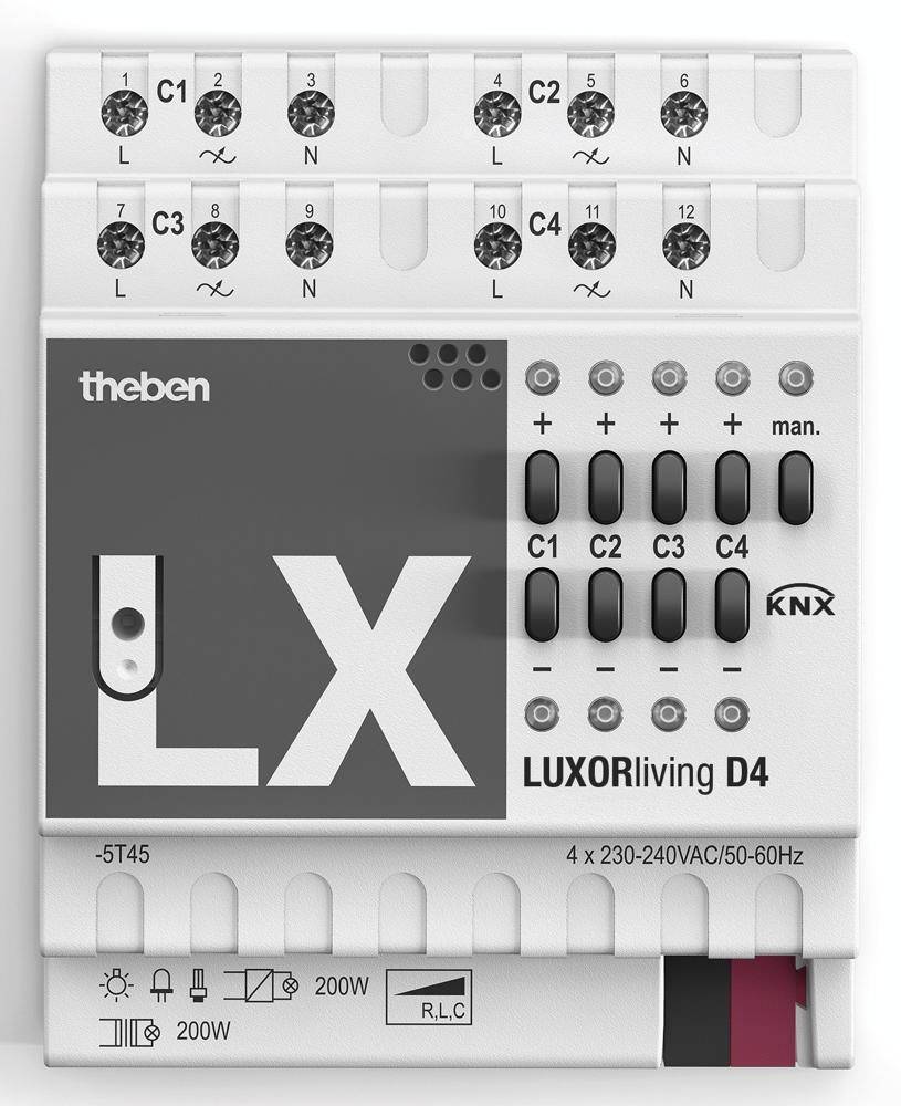 Theben LUXORliving D4 Aktor mit vier Kanälen, KNX-kompatibel, zur Steuerung von Beleuchtung und anderen elektrischen Geräten.