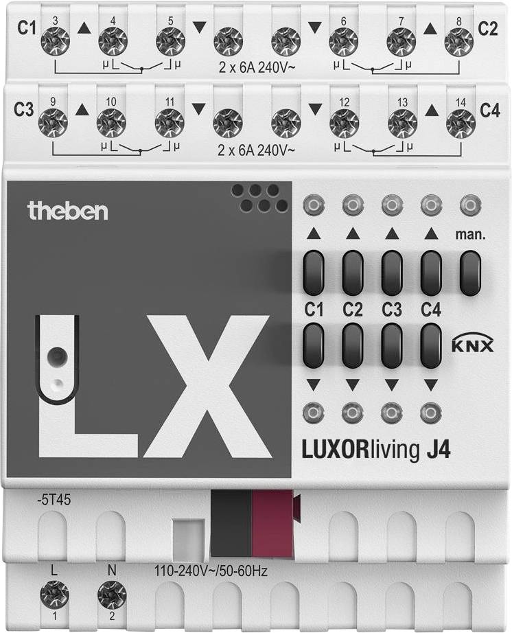 Das Bild zeigt ein LX LUXORliving J4 Gerät von Theben. Es hat mehrere Taster und Verbindungsklemmen. Geeignet für Spannungen von 110-240V/50-60Hz.