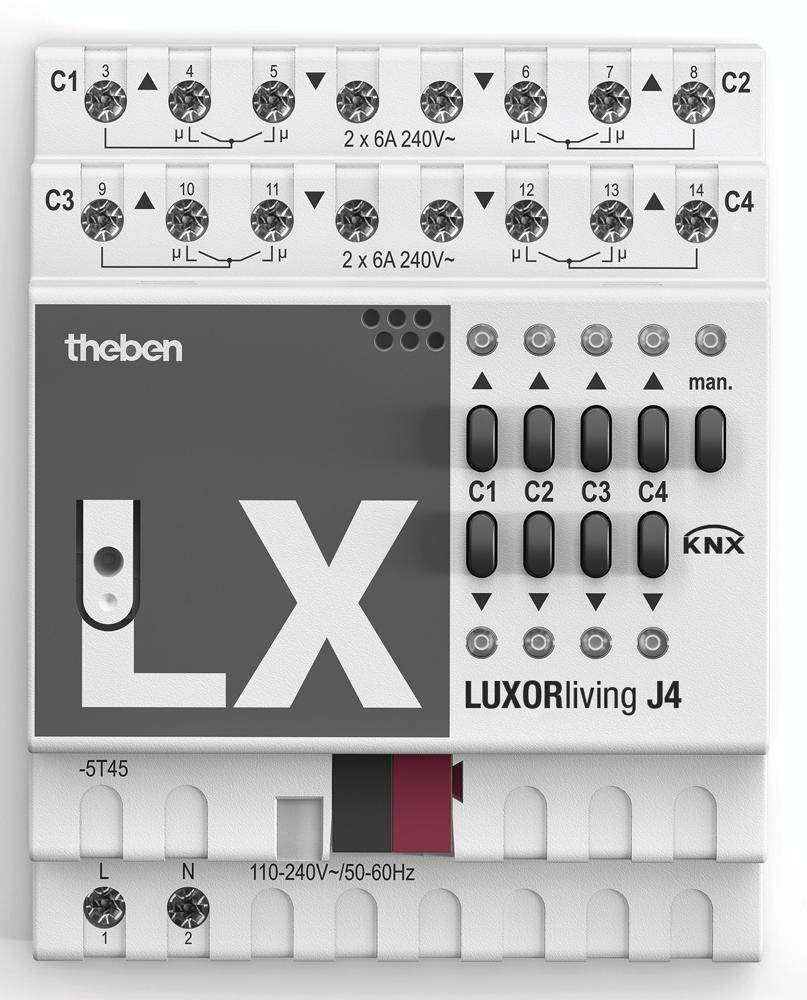 Weiße Automationssteuerung mit schwarzem Bereich links oben, beschriftet 'theben' und 'LX'. Enthält Bedienelemente und Beschriftungen zu 'LUXORliving J4'.